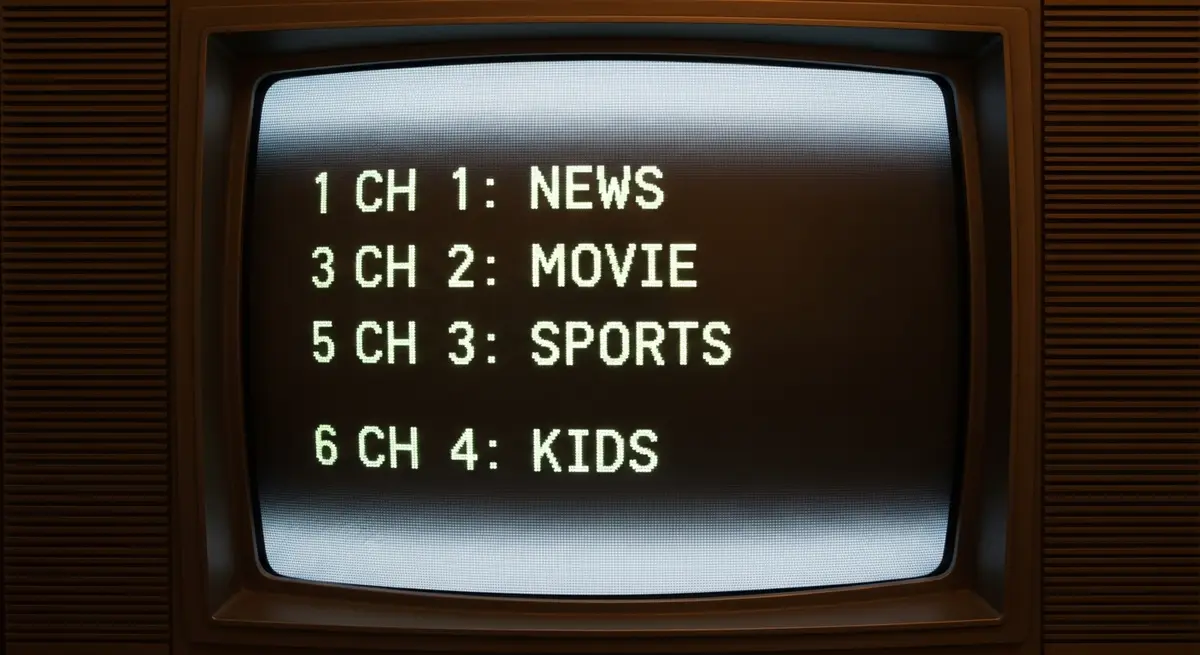 interface television ancienne avec menu textuel de liste de chaines