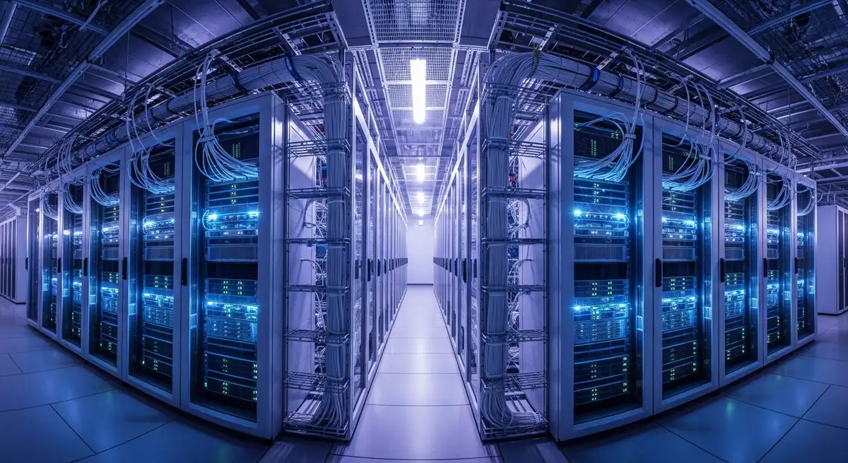 infrastructure de serveurs de streaming avec cables fibre optique dans un datacenter