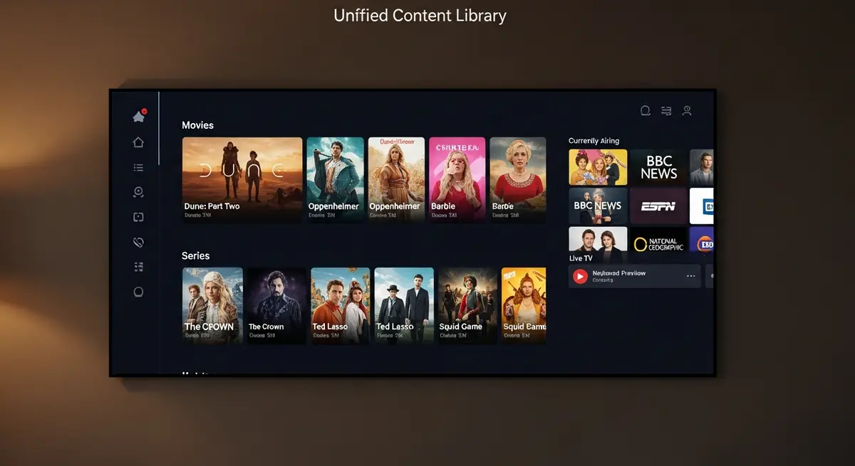 tableau de bord unifie de gestion de contenus avec films series et TV en direct